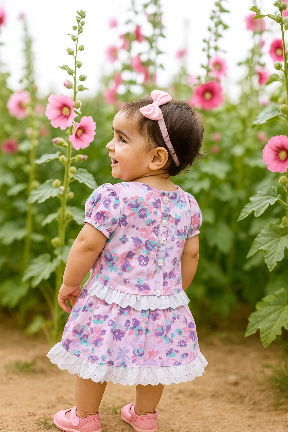 A baby girl wearing a pink dress stands amidst vibrant flowers, showcasing a joyful expression.