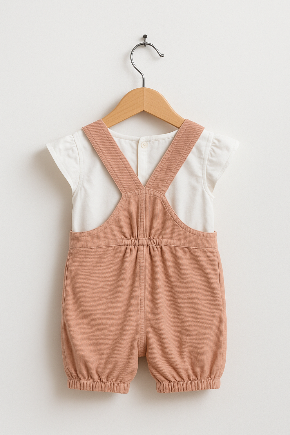 Back view of a peach-colored corduroy baby romper with a white short-sleeve shirt, displayed on a wooden hanger against a plain white background. The romper features crisscross straps, an elastic waistband, and gathered hems at the legs.