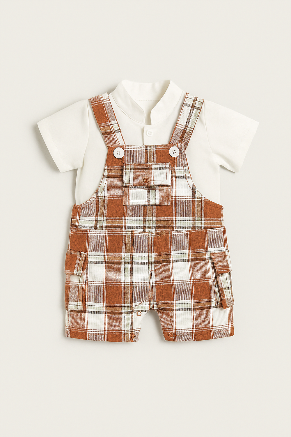 Baby boy's brown check dungaree with a white polka dot shirt, showcasing a cute and playful outfit for infants.
