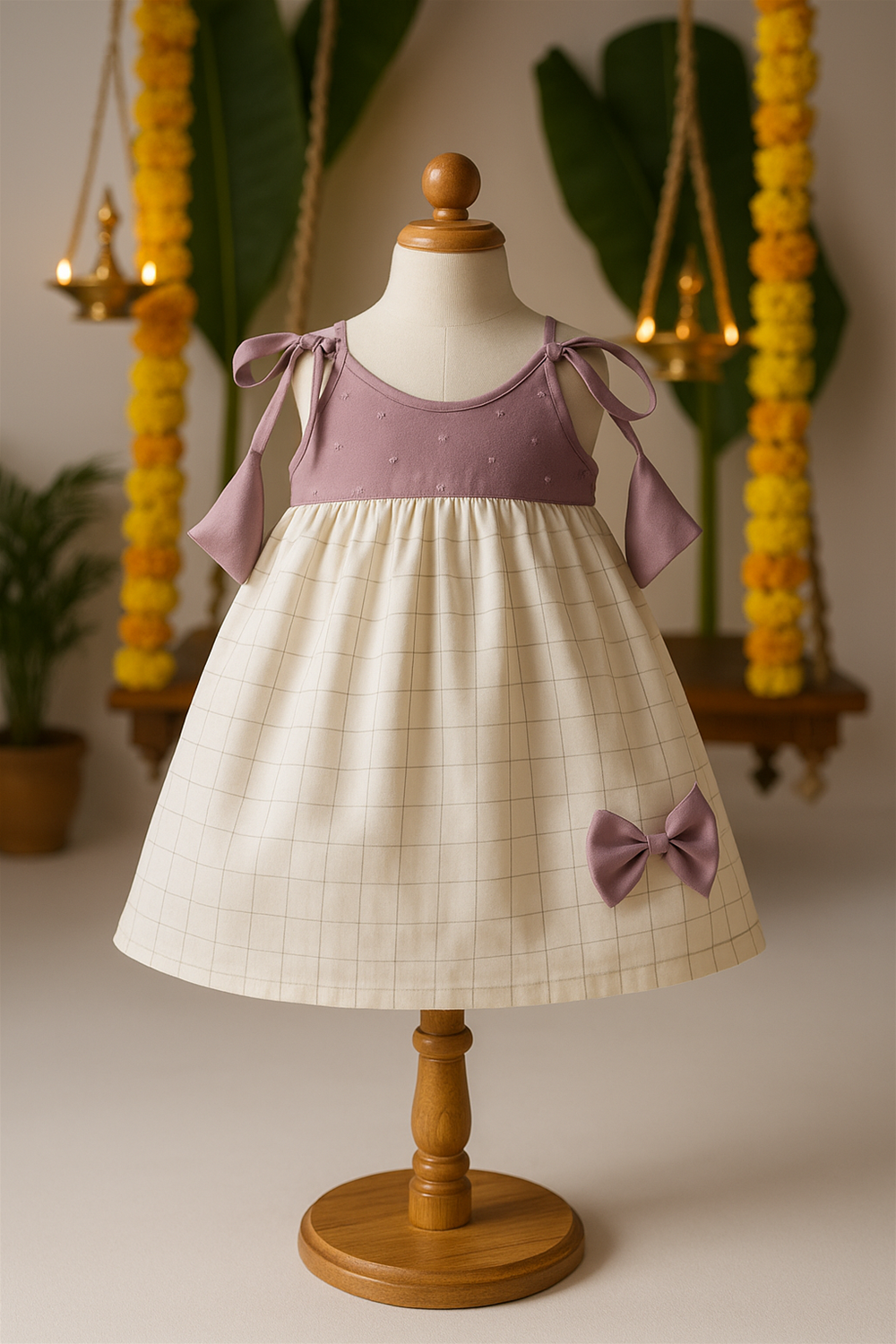 A mannequin showcases the mauve and cream frock, designed with ribbon ties and a bow accent at the hem. The setup is adorned with marigold garlands, oil lamps, and greenery, reflecting a traditional festive atmosphere.