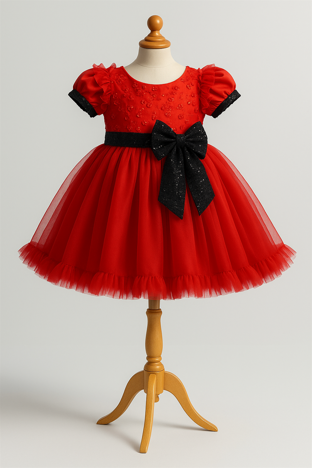 Elegant red baby dress with puffed sleeves, floral bodice, and black sequin bow displayed on a wooden mannequin stand.