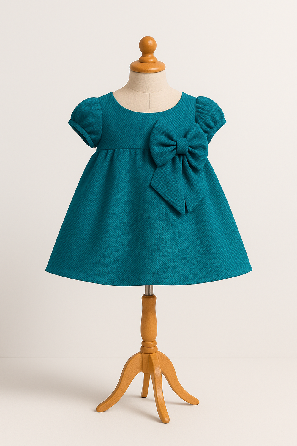 A peacock blue dress in zil mil material hanging in a foam mannequin.