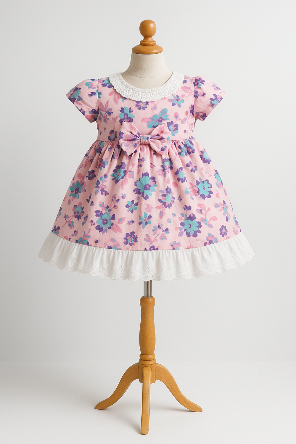Baby pink floral frock on mannequin with white lace collar, front bow, and scalloped hemline, perfect for festive or casual wear.