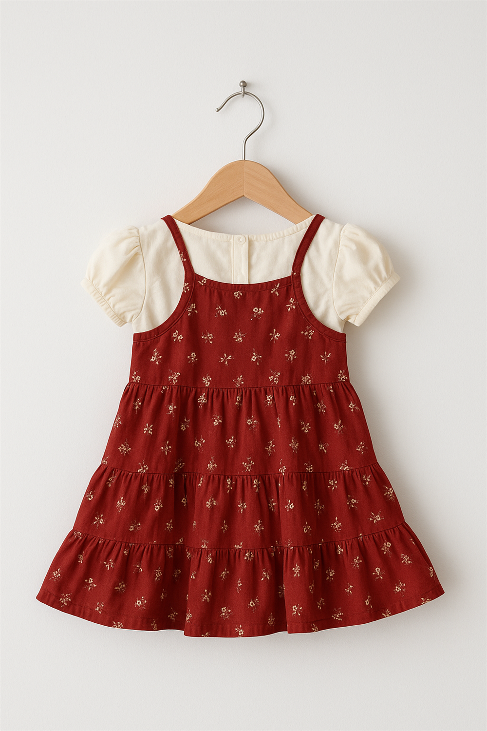 A delightful red floral tiered frock with puff sleeves is neatly displayed on a wooden hanger, highlighting its charming design and craftsmanship.