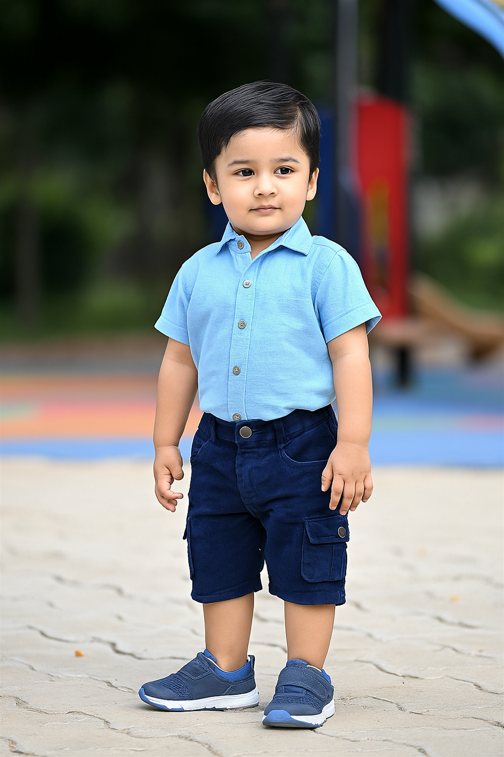 A young Indian toddler boy standing outdoors in a play area, wearing a light blue short-sleeve button-up shirt paired with navy blue corduroy cargo shorts and matching blue sneakers. The background features colorful playground elements and blurred greenery. The child has neatly combed hair and a calm expression.