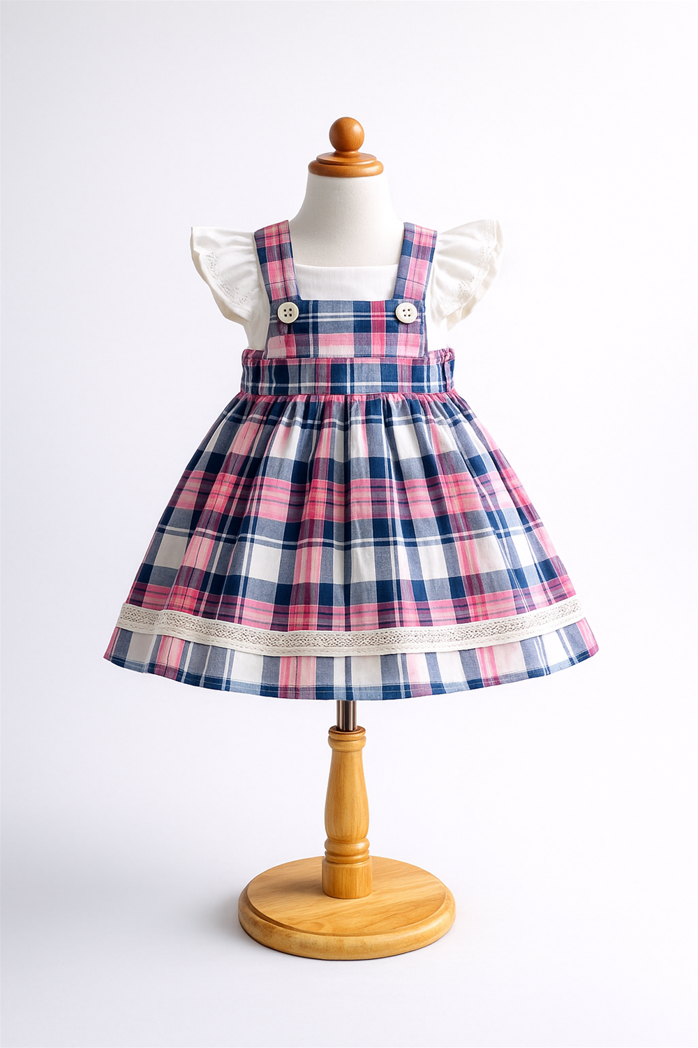 Baby girl tartan party frock displayed on mannequin, featuring Pink and Blue plaid skirt, white top, flutter sleeves, and classic festive design.