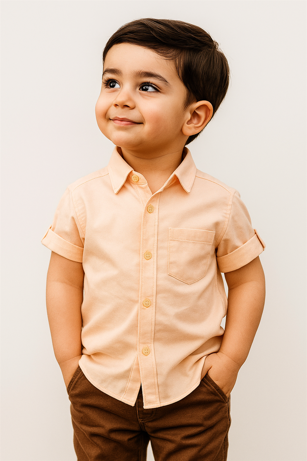 A young boy wearing a peach shirt and brown pants stands smiling in a bright outdoor setting.