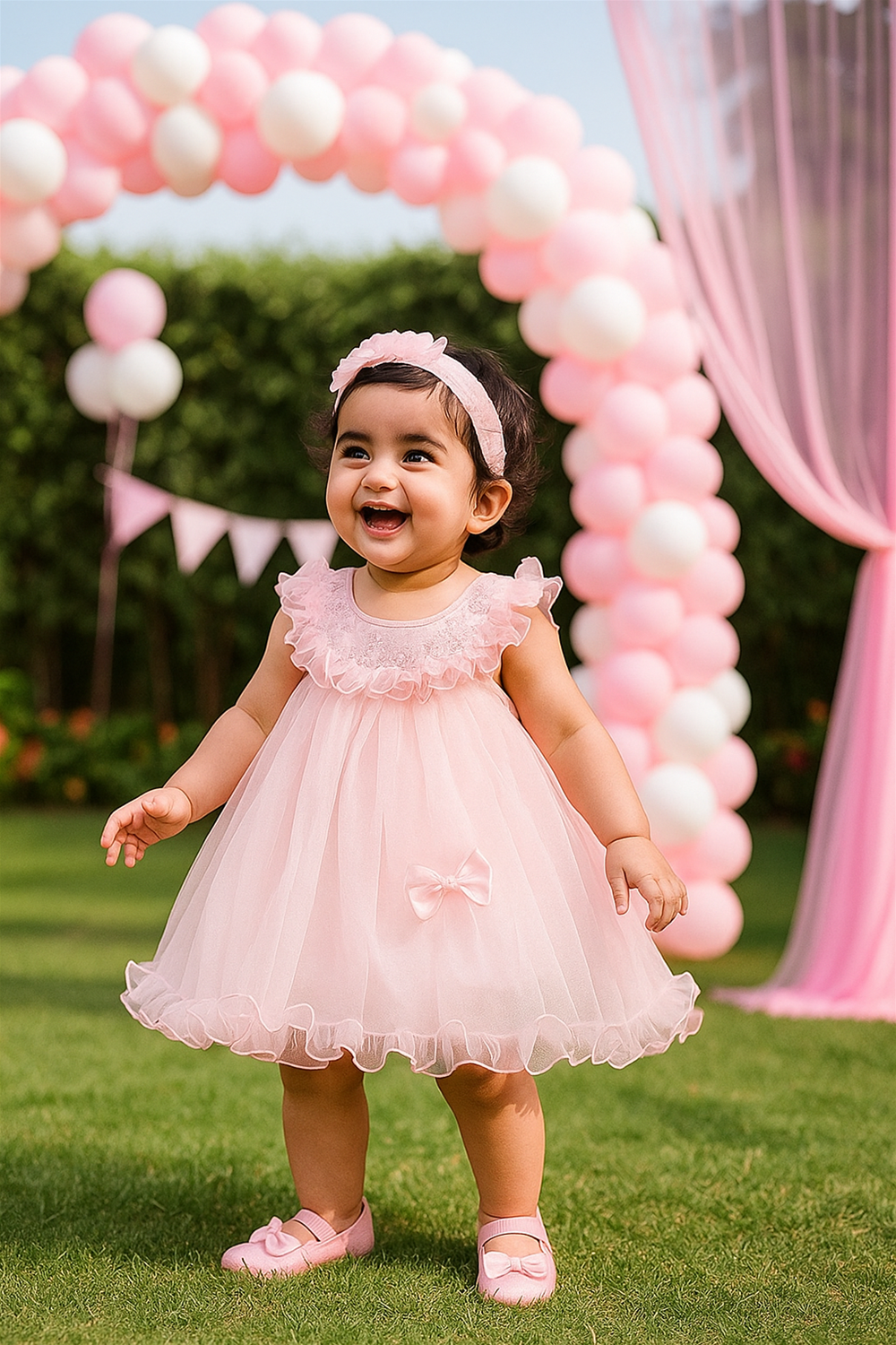 A baby girl in a round-neck pink dress with a net skirt stands in front of colorful balloons.