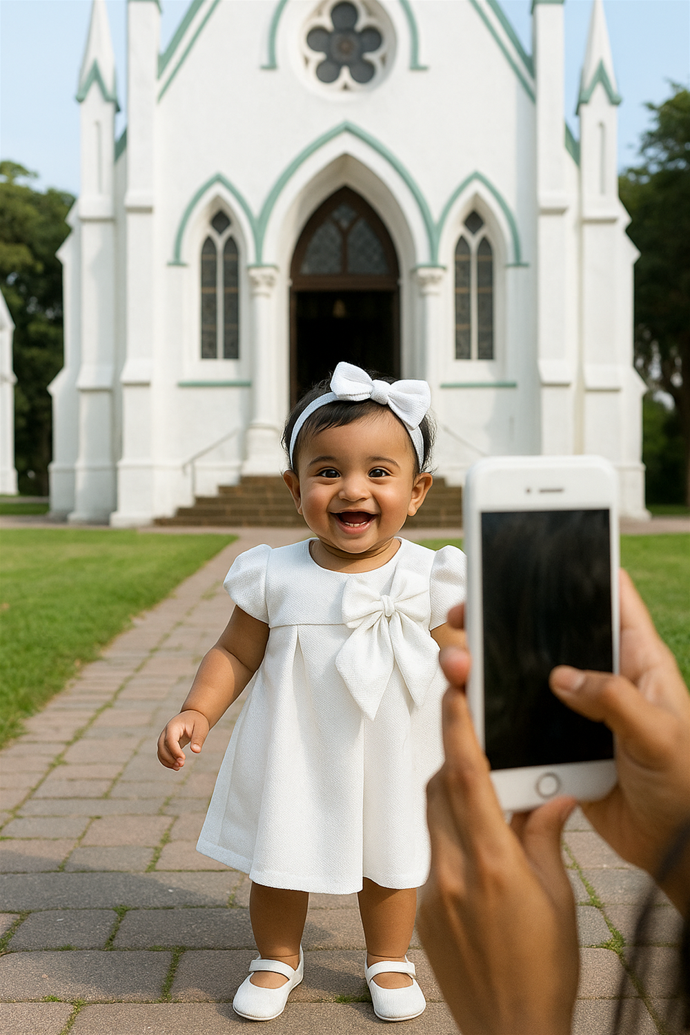 A baby in a delicate white dress and a white bow, looking joyful while seated on a plush background.