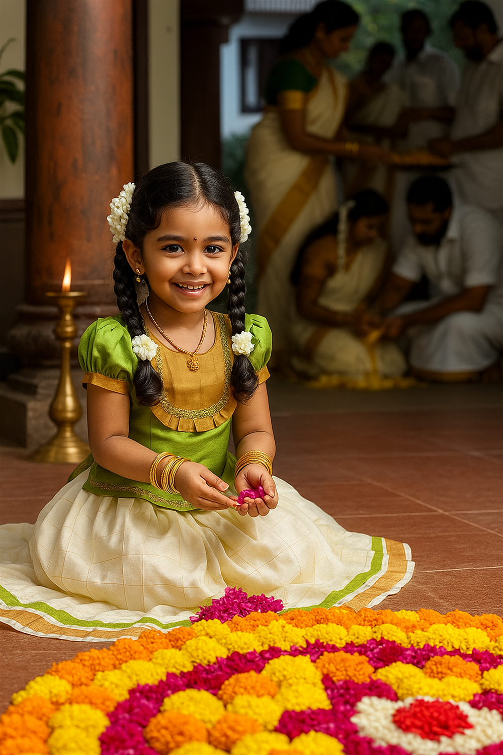 A young girl dressed in a green blouse and cream skirt sits joyfully on the floor, holding pink flower petals while decorating a vibrant floral rangoli. Behind her, family members in traditional Kerala attire participate in the Onam celebration, creating a warm festive ambiance.