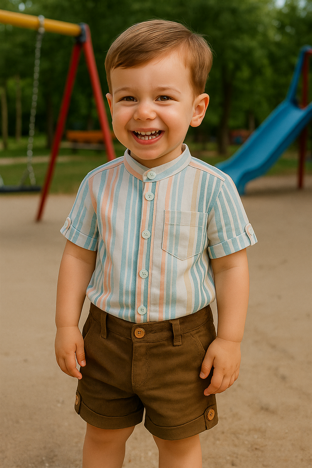 Toddler in striped pastel shirt and brown corduroy shorts standing at playground, looking thoughtful near swings and slides.