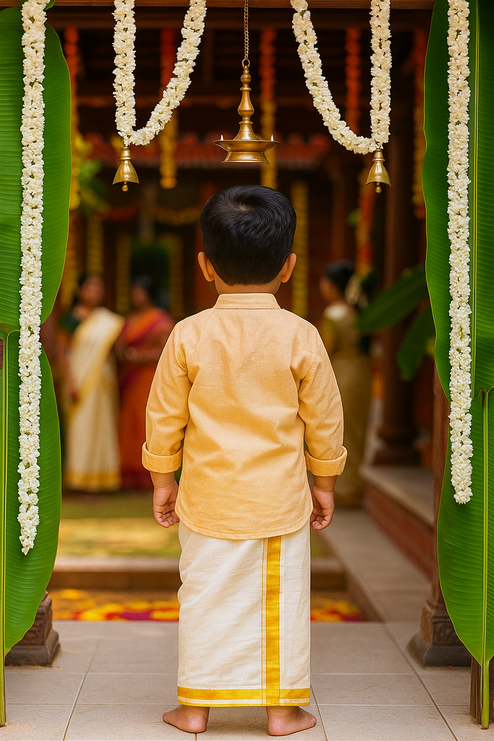 Back view of toddler in peach kurta and golden-bordered dhoti, standing under garlands at a decorated Onam doorway.