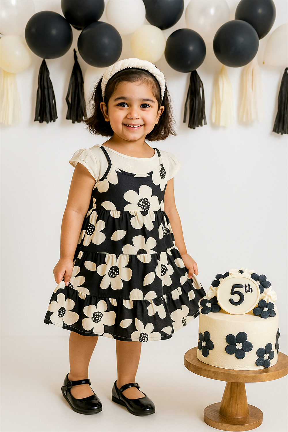 A cheerful baby girl wearing a black and white dress with a playful expression.