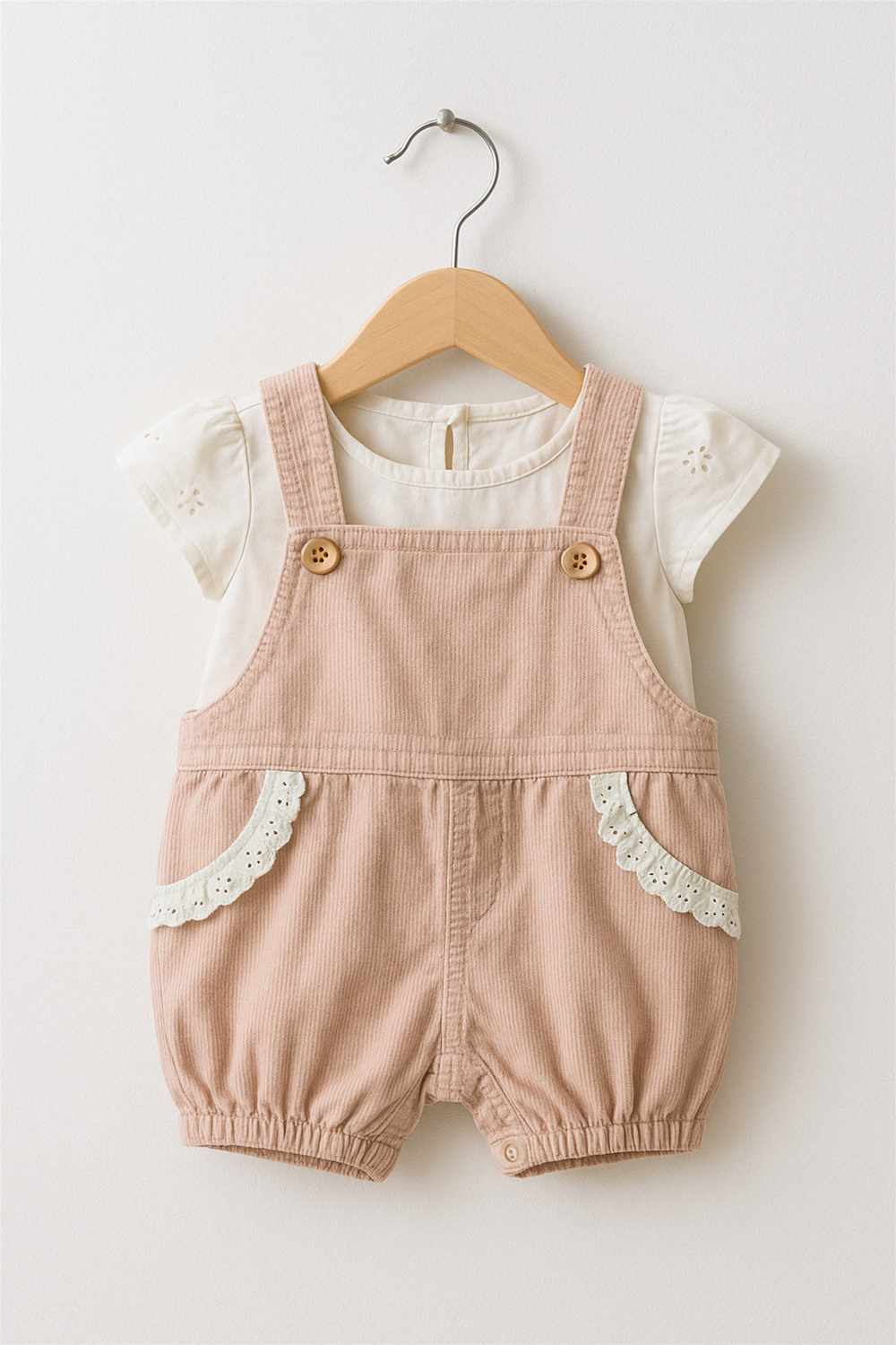A peach-colored toddler overall romper with white lace-trimmed pockets, paired with a short-sleeved white blouse featuring delicate embroidered floral details, displayed neatly on a wooden hanger against a light background. The soft corduroy texture and elasticated leg hems add charm and comfort to the outfit.          Ask ChatGPT