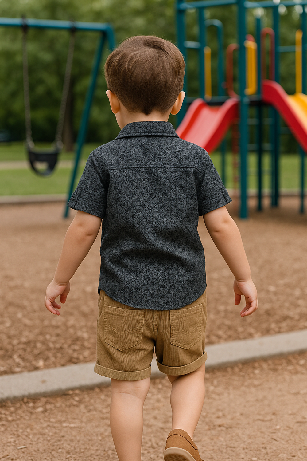 Back view of toddler walking in park, dressed in dark patterned short-sleeve shirt and rolled beige corduroy shorts.