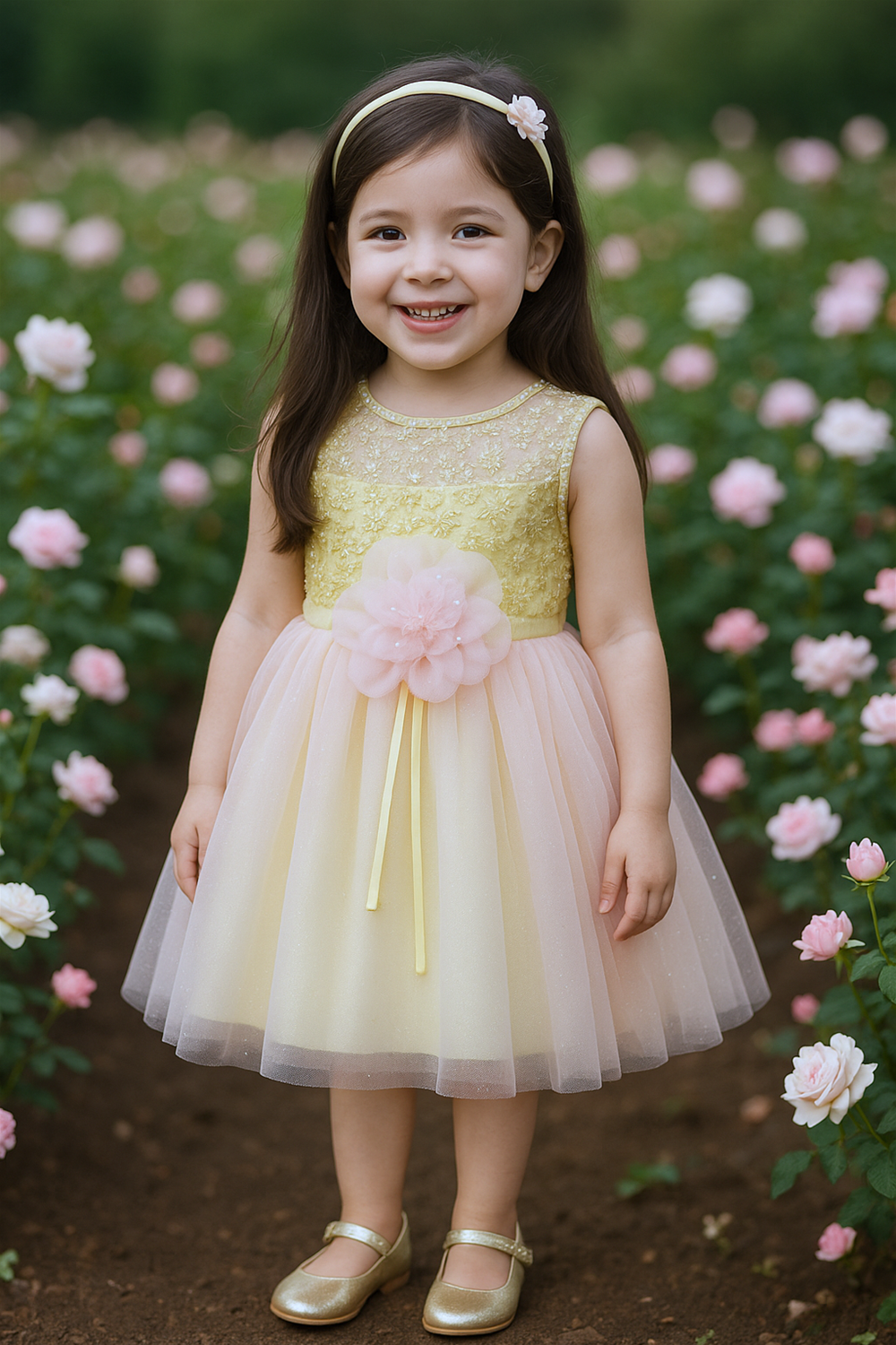 A smiling girl in a yellow floral lace frock with a pink flower belt, surrounded by blooming pink roses.
