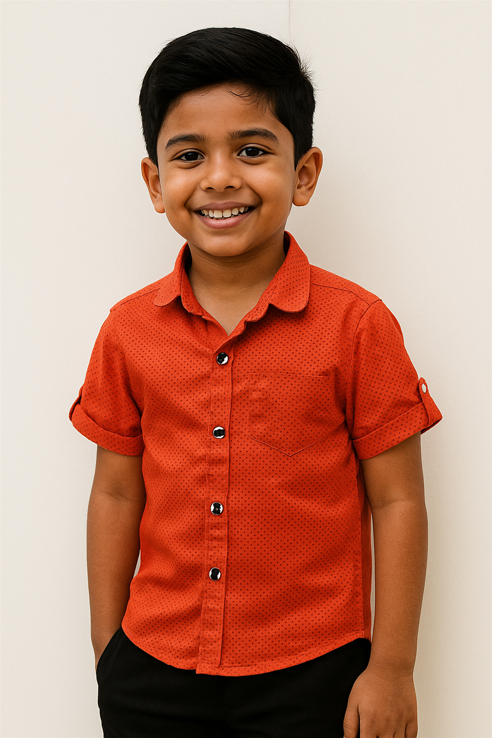 A young boy in a half-sleeve Red with small black polka dots shirt with a normal collar, smiling and standing against a neutral background.