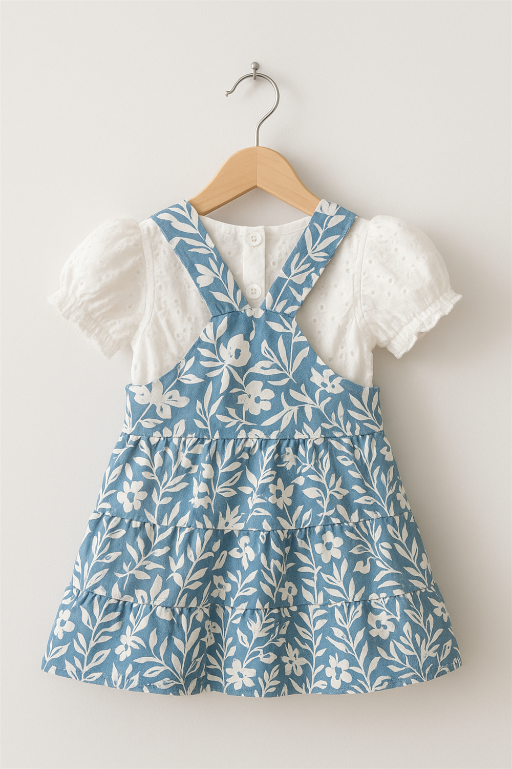 A baby girl's pinafore dress with a blue and white floral pattern is displayed on a wooden hanger, shown from the back. The dress features cross-back straps and layered ruffles over a puff-sleeve white blouse with button closure.