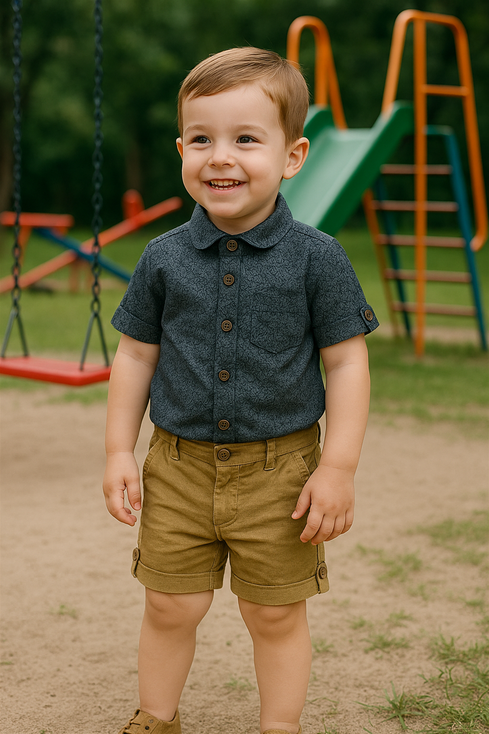 Toddler in playground wearing charcoal printed shirt with wooden buttons and beige corduroy shorts, smiling happily near swings and slide.