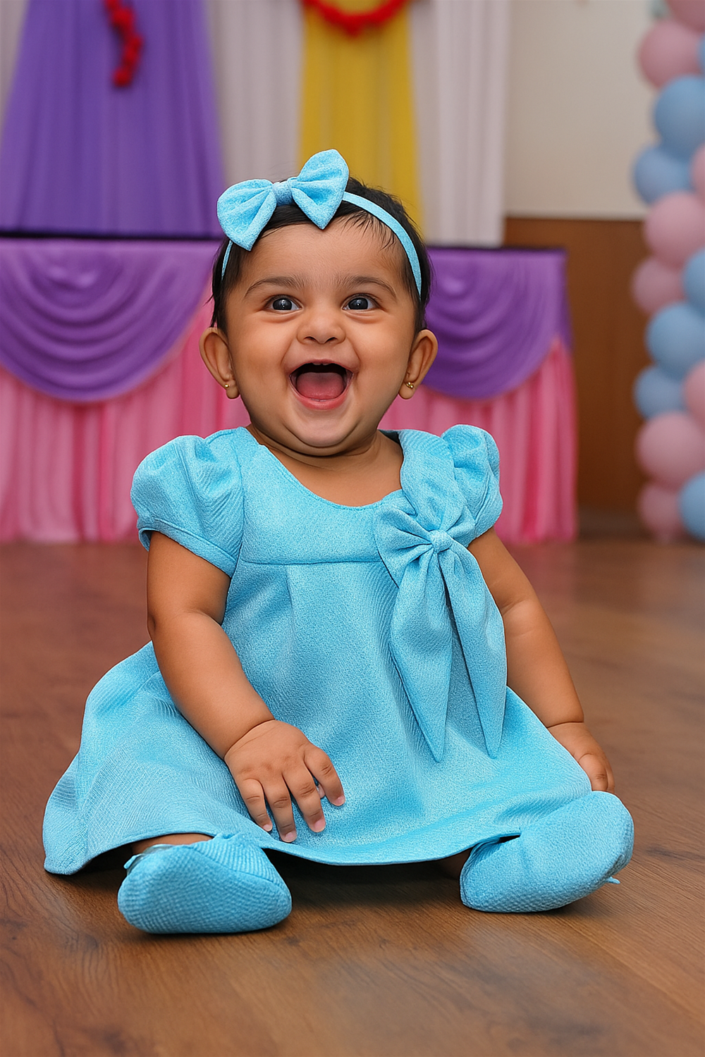 A baby girl in a sky blue dress sits on a wooden floor, smiling and playing with a toy.