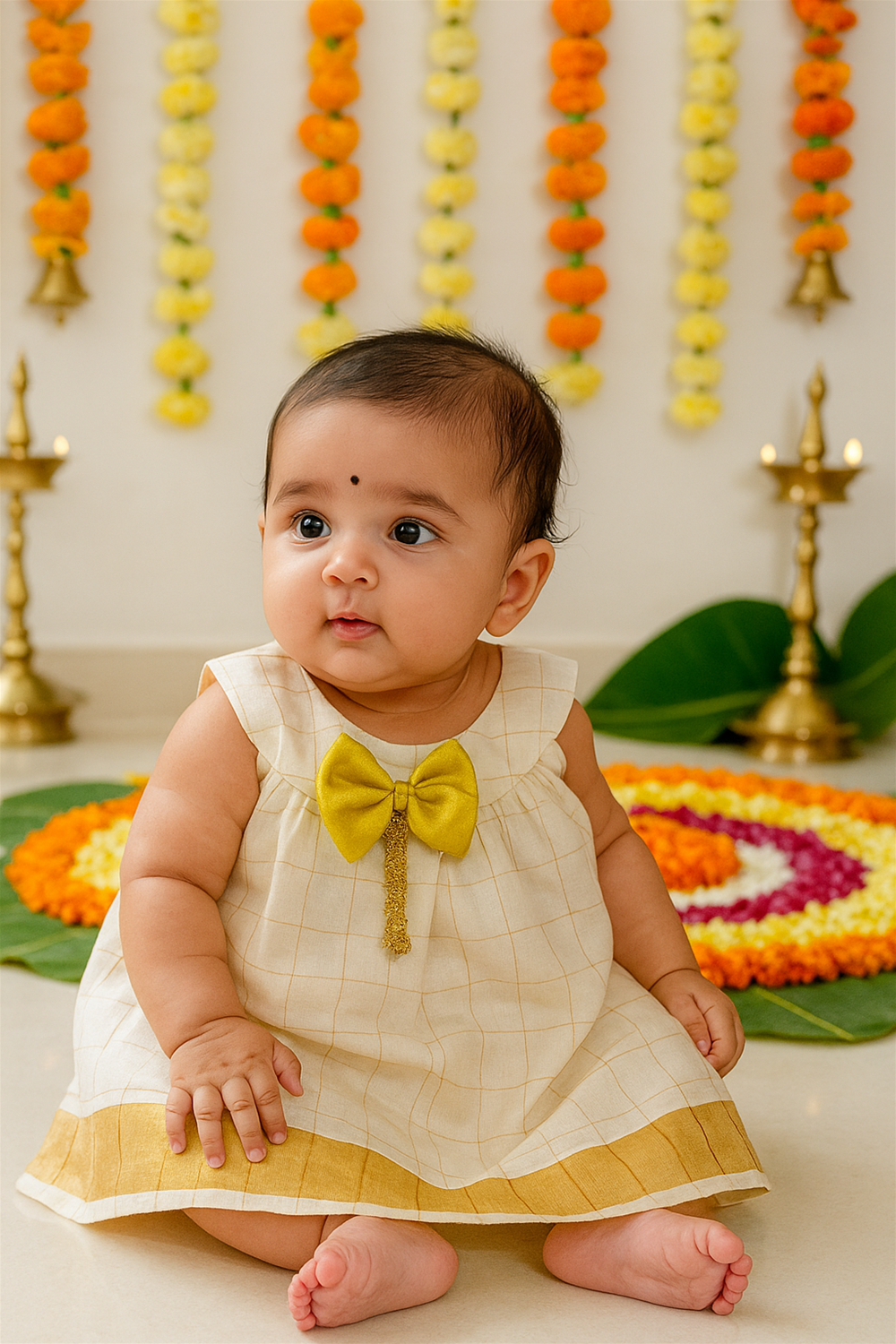 A baby dressed in a cream and gold checked festive dress with a mustard bow and tassel, sitting on the floor with a floral rangoli in the background. Brass lamps, banana leaves, and marigold garlands add charm to the Onam celebration scene.