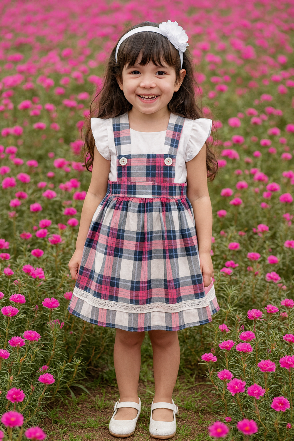 Smiling little girl wearing Pink and Blue tartan party frock with white blouse, matching hair bow.