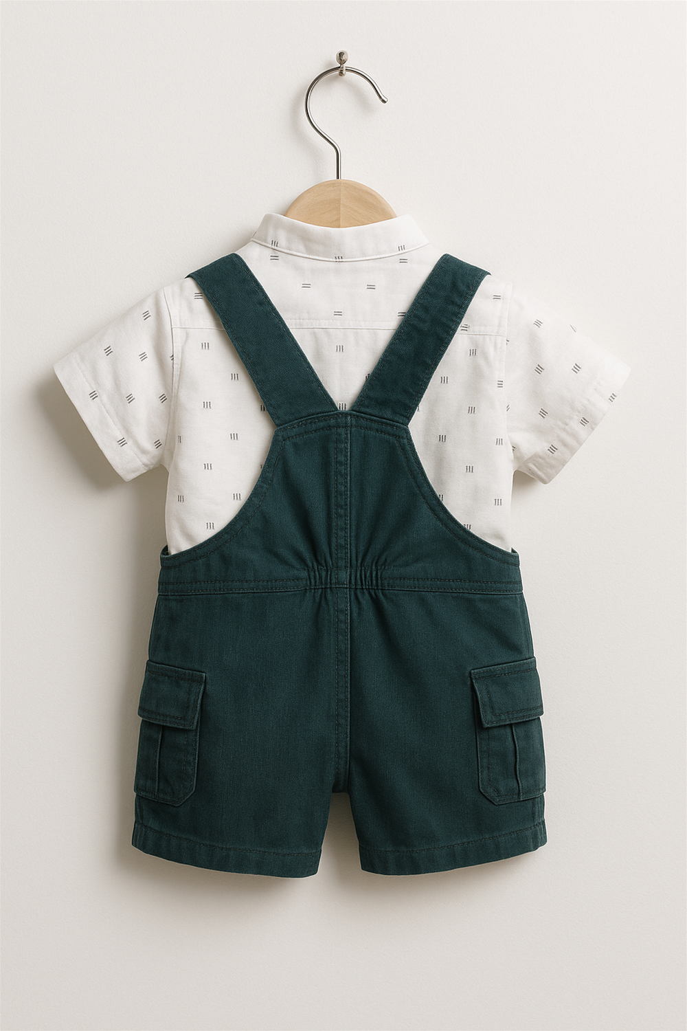 Green dungaree shorts with side pockets and white printed shirt displayed on wooden hanger, showing back view against plain background.