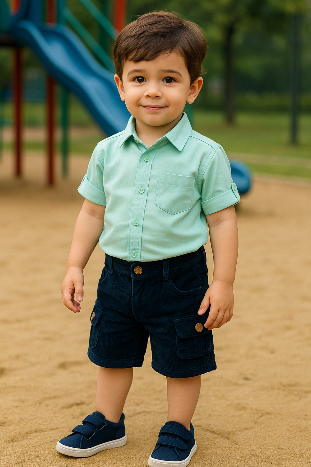 A young boy wearing a half sleeves Chinese collar shirt in mint green, paired with navy blue corduroy shorts. The shirt features rolled-up sleeves and a chest pocket, styled perfectly for a playful day at the park.