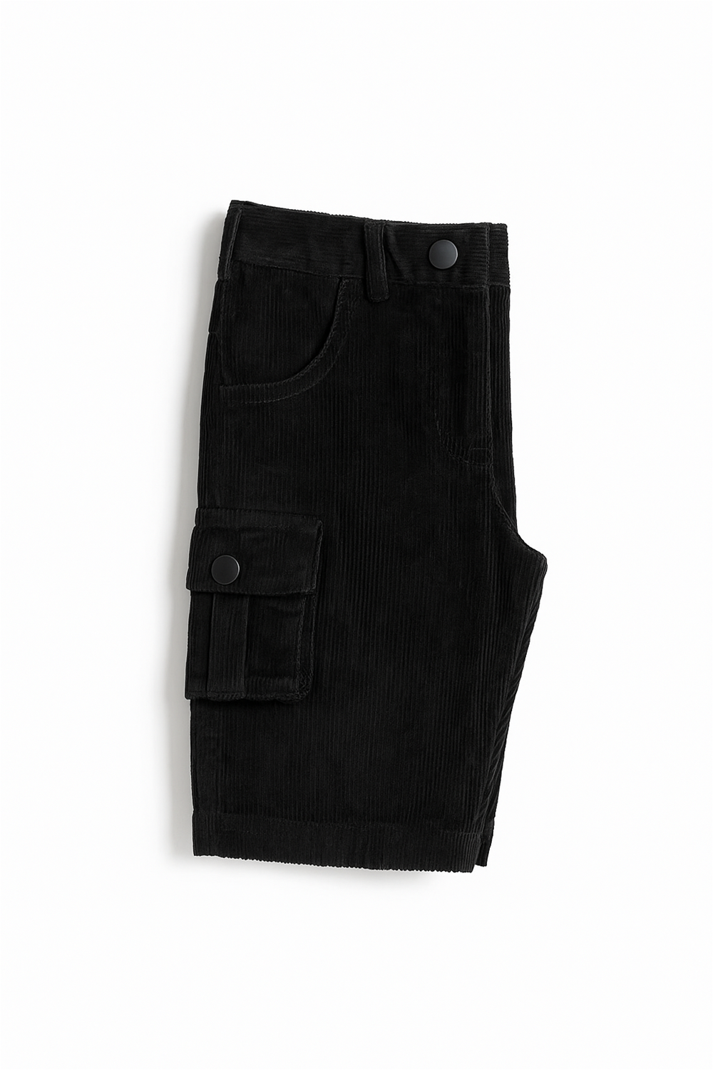 Black half pants with box side pockets and buttons. In side folded