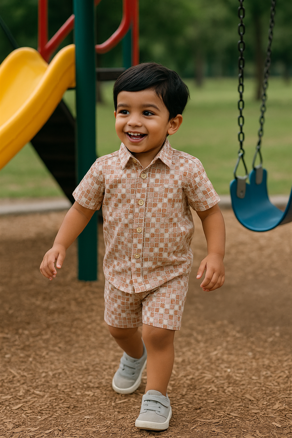Smiling toddler in beige printed co-ord set walking near playground slide, enjoying playful outdoor moments in comfortable summer wear.
