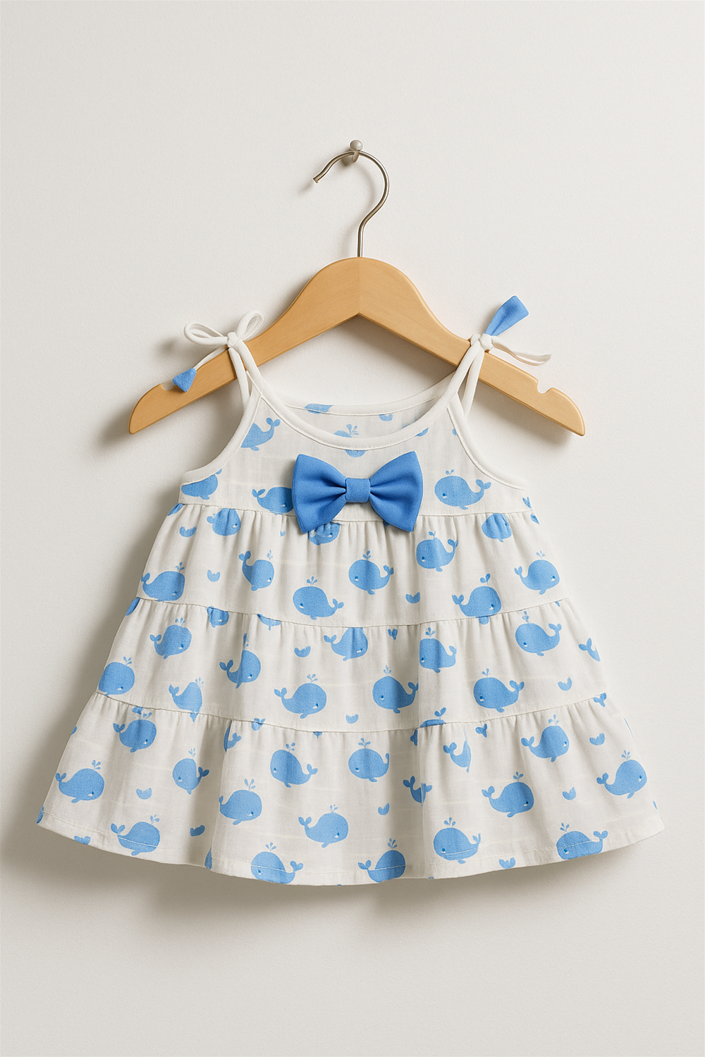 A white sleeveless baby dress with blue whale prints and a matching blue bow is displayed on a wooden hanger against a light wall. The dress features tied shoulder straps and tiered layers, offering a playful ocean-themed design.