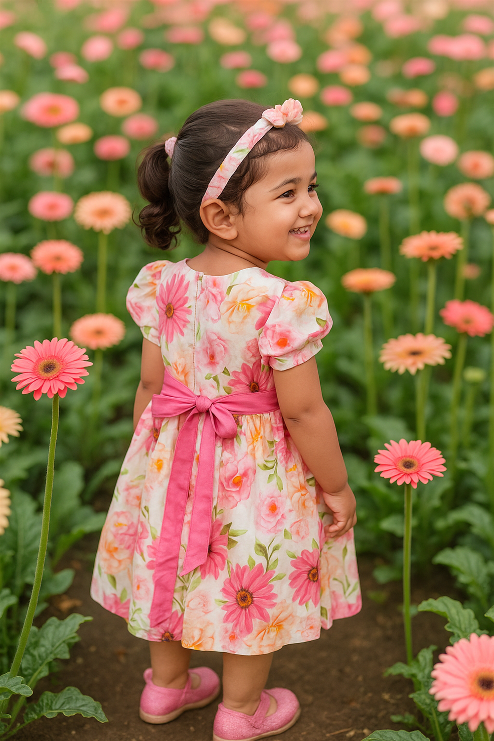 A little girl joyfully playing in a vibrant flower Gerbera field, surrounded by colorful blooms under a clear blue sky. Back side image.