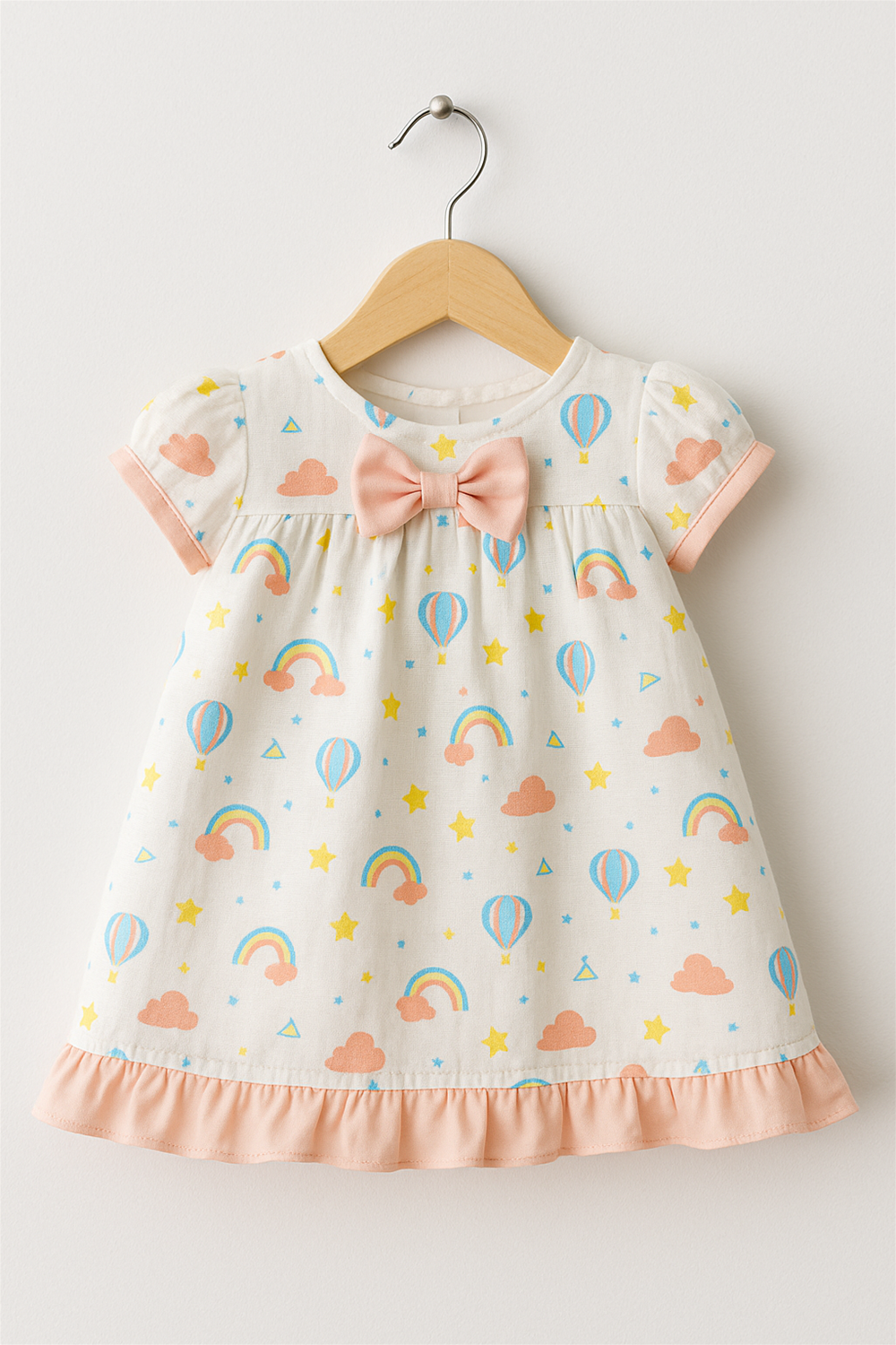 Baby dress on wooden hanger, lace-trimmed round collar, soft beige floral print, front pockets with lace accents.