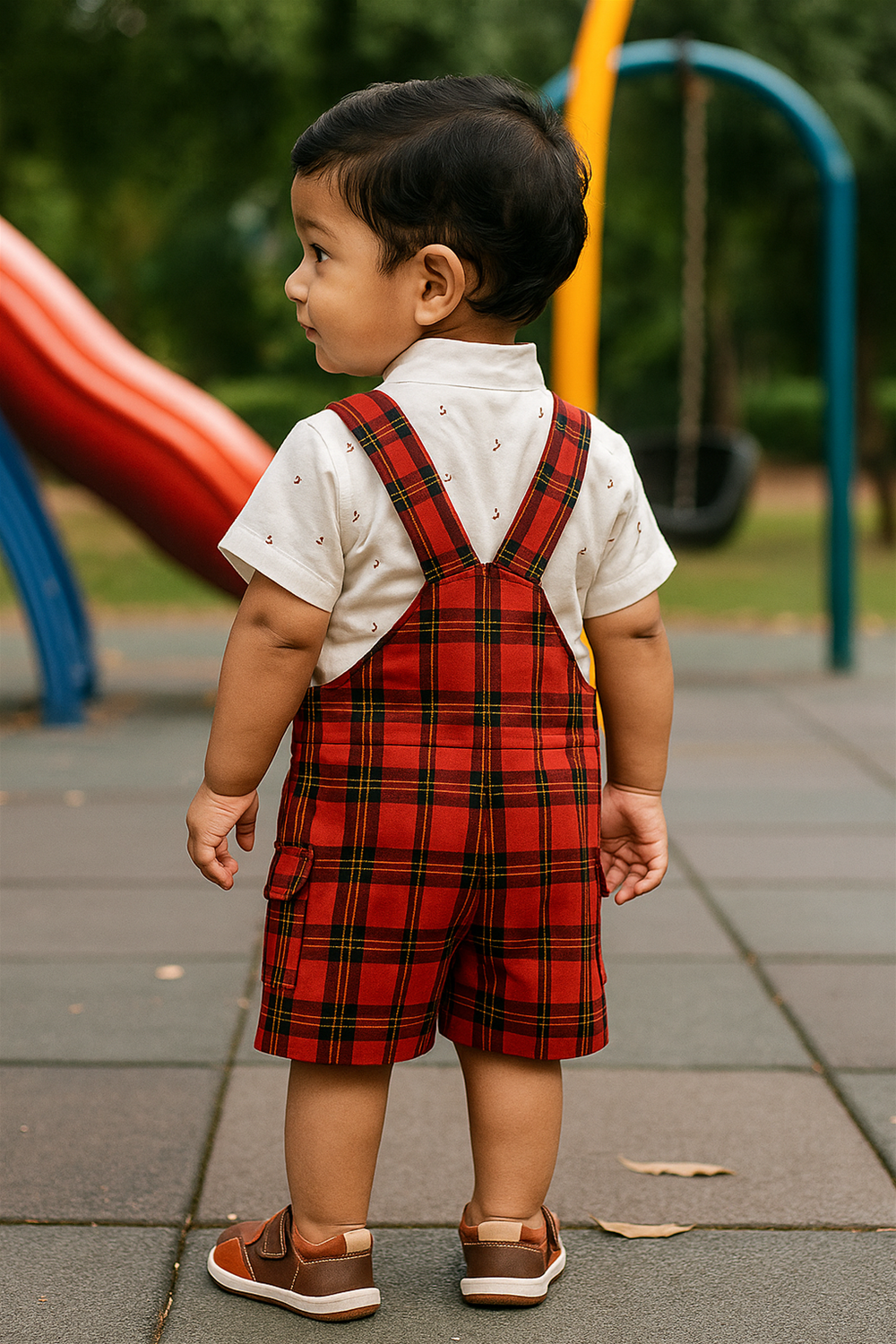A baby in red plaid dungaree and a white Chinese collar shirt, back side of the dress perfect for casual outings or playtime.