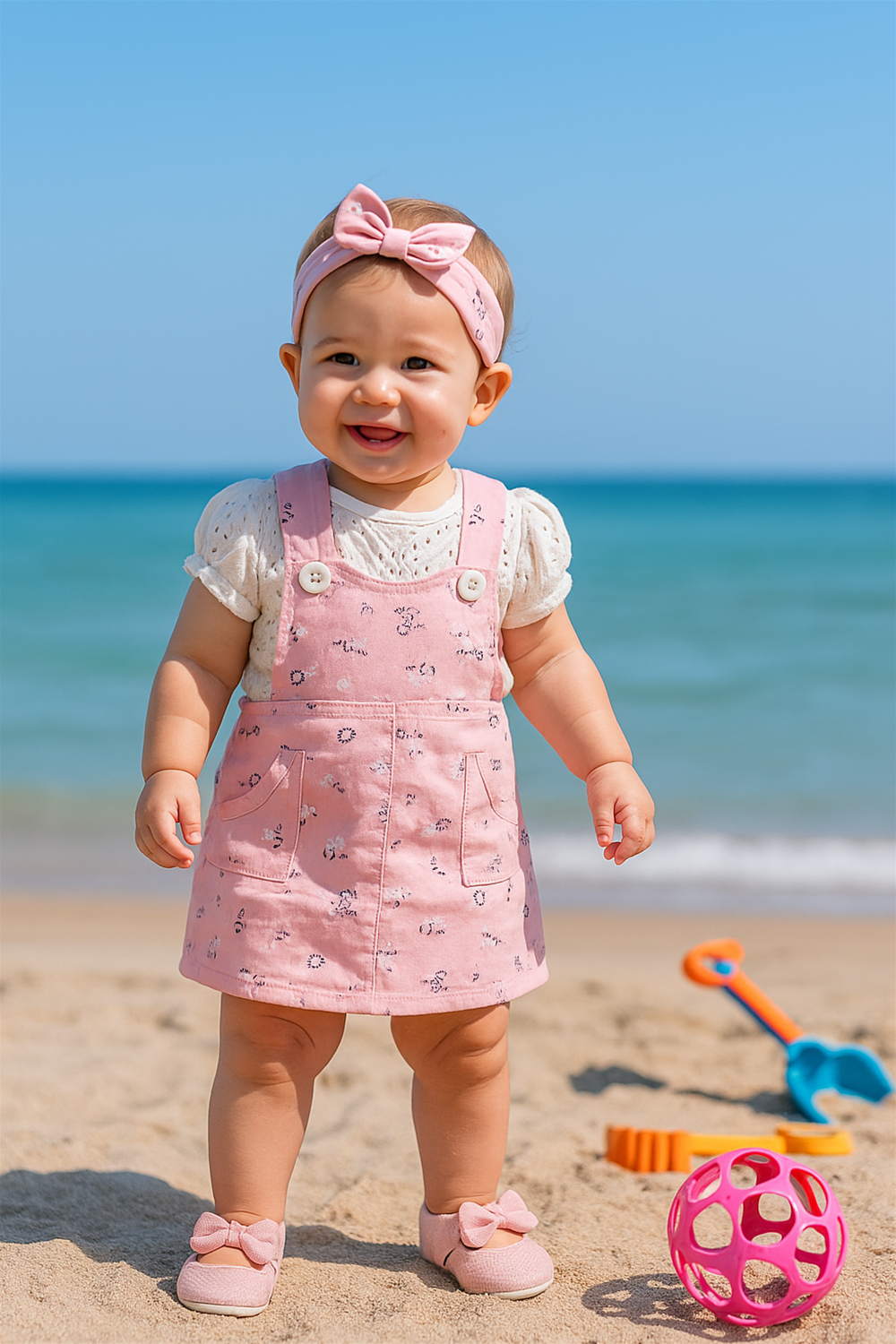 A cheerful baby girl in a pink printed pinafore dress and matching bow headband smiles while playing on a sandy beach. She’s wearing soft pink shoes, standing confidently near colorful beach toys with the sea and sky in the background.