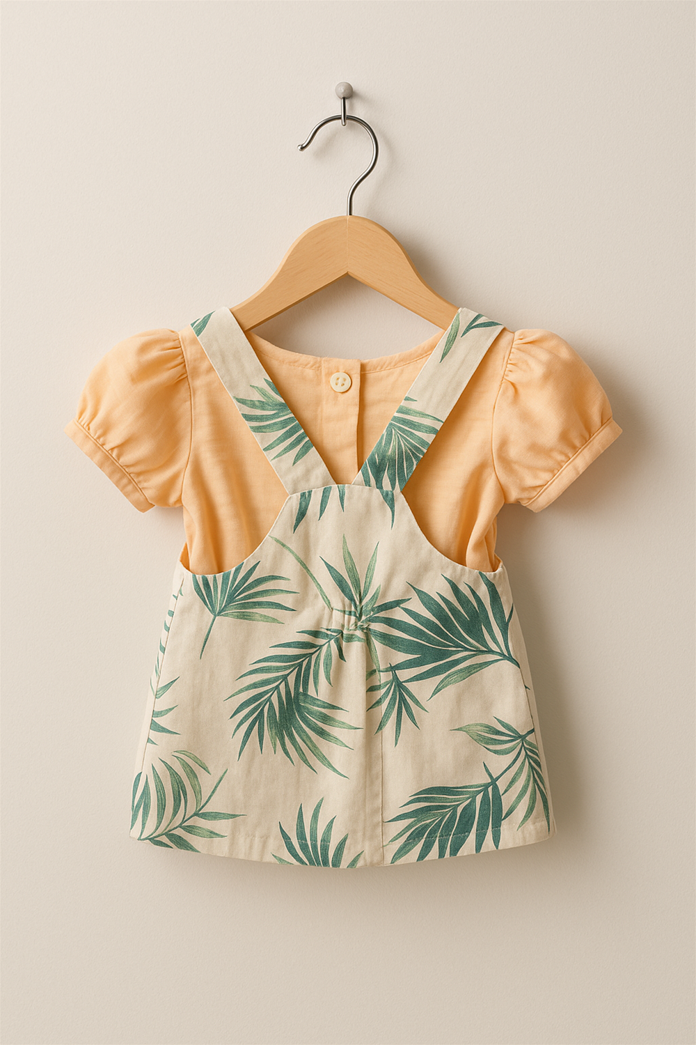 Back view of a tropical baby girl pinafore with green palm leaf prints on beige fabric and cross-back straps. Paired with a puff-sleeve peach top, the outfit is neatly presented on a wooden hanger against a soft beige background.
