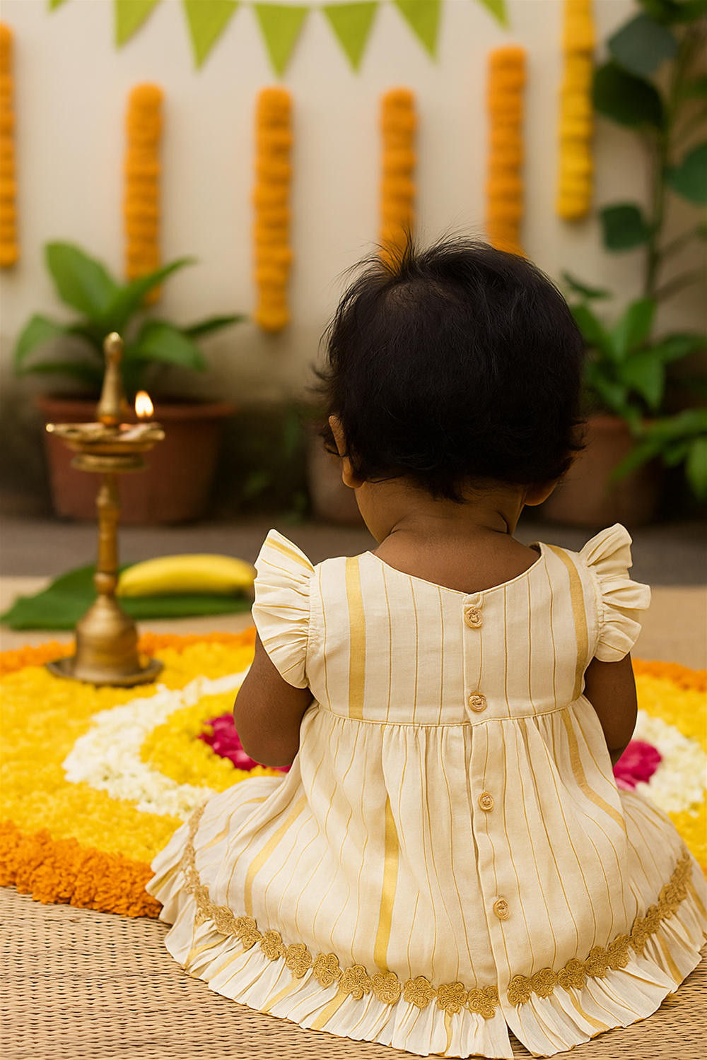 Baby wearing yellow striped frock with bow, seated before vibrant pookalam and lamp, celebrating festive Onam tradition joyfully.