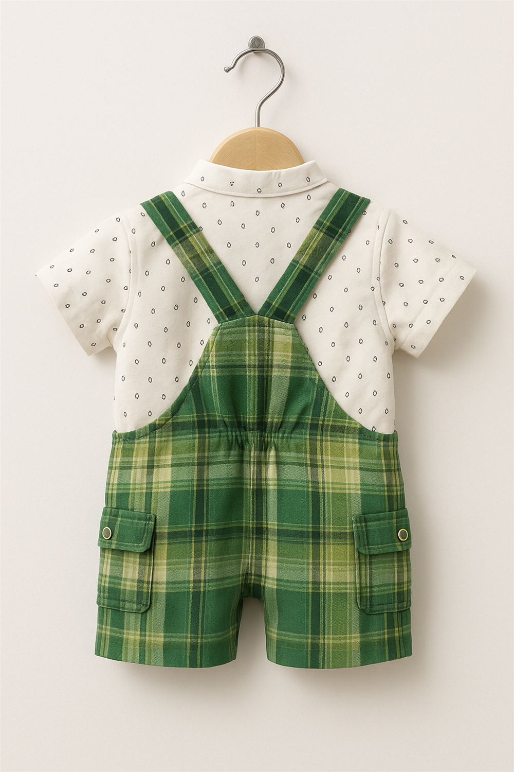 A baby boy's green and white check dungaree, featuring adjustable straps and a cute pocket detail.