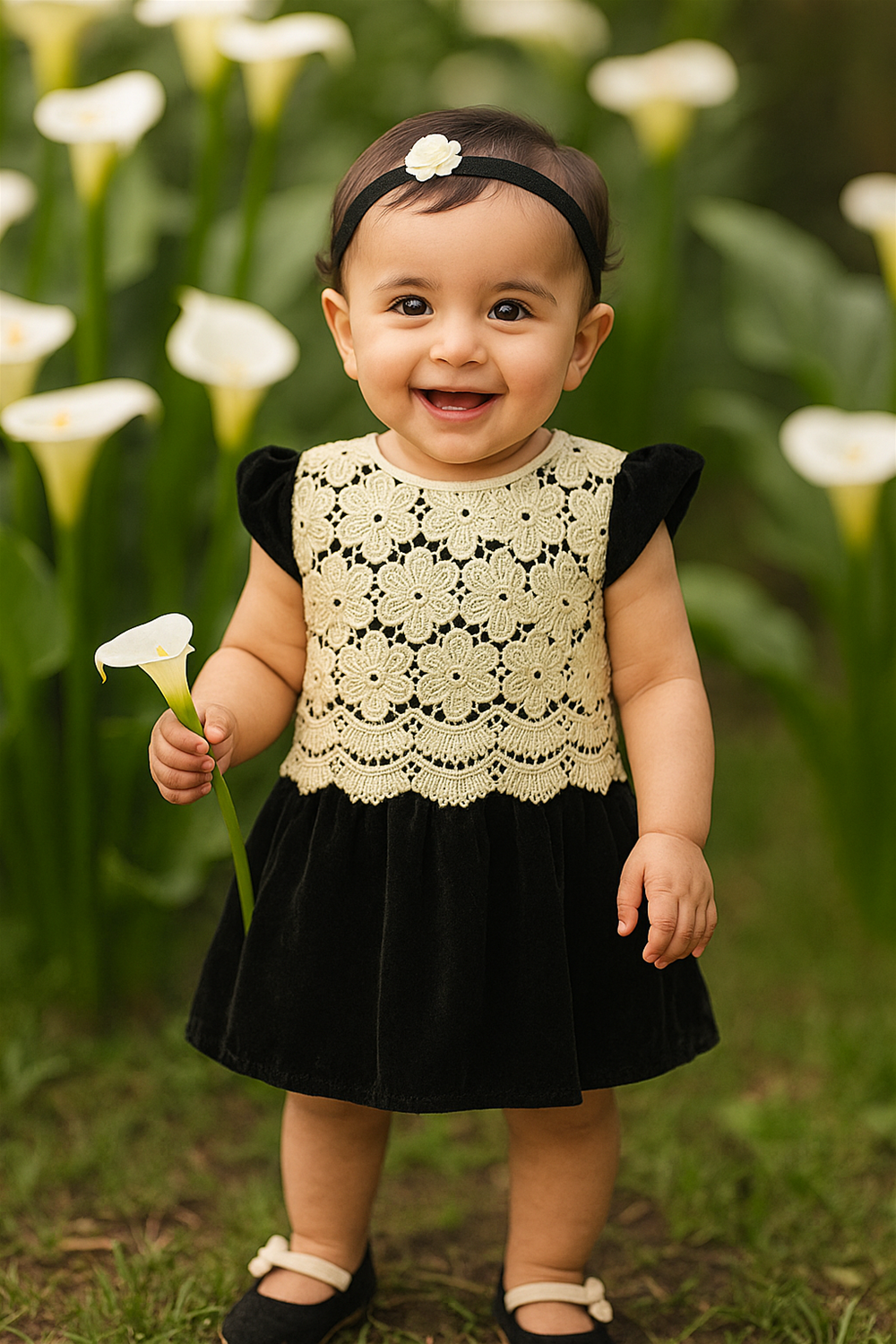 A baby girl wearing a off white cut work with black velvet, smiling and standing in a Ivory Calla Lilly garden.
