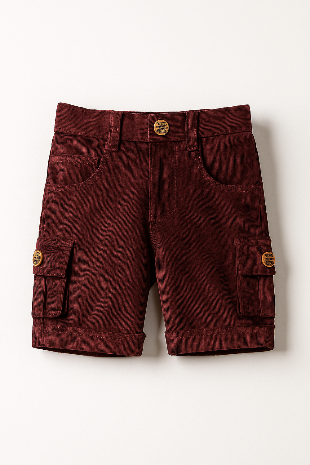 Bright Maroon Corduroy with box side pockets and buttons., Ideal for casual wear.