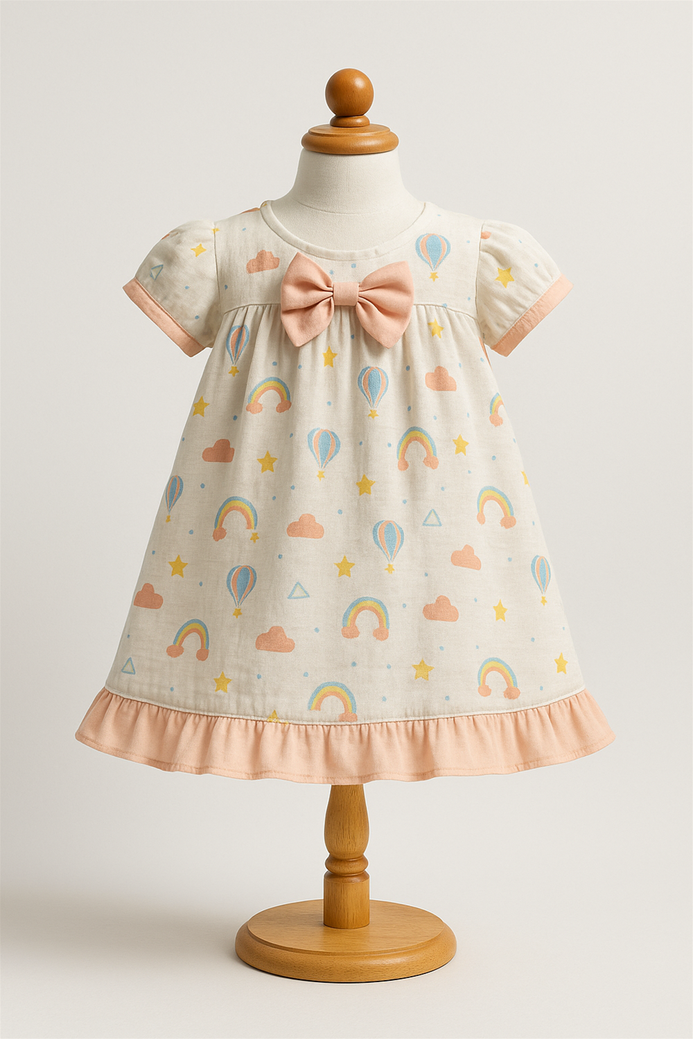 Baby dress displayed on a wooden mannequin, featuring lace collar, delicate beige floral print, and front patch pockets.
