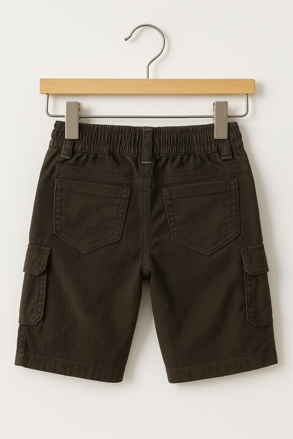 Dark Brown Corduroy with box side pockets and buttons., Ideal for casual wear. In Wooden Hanger Back View.