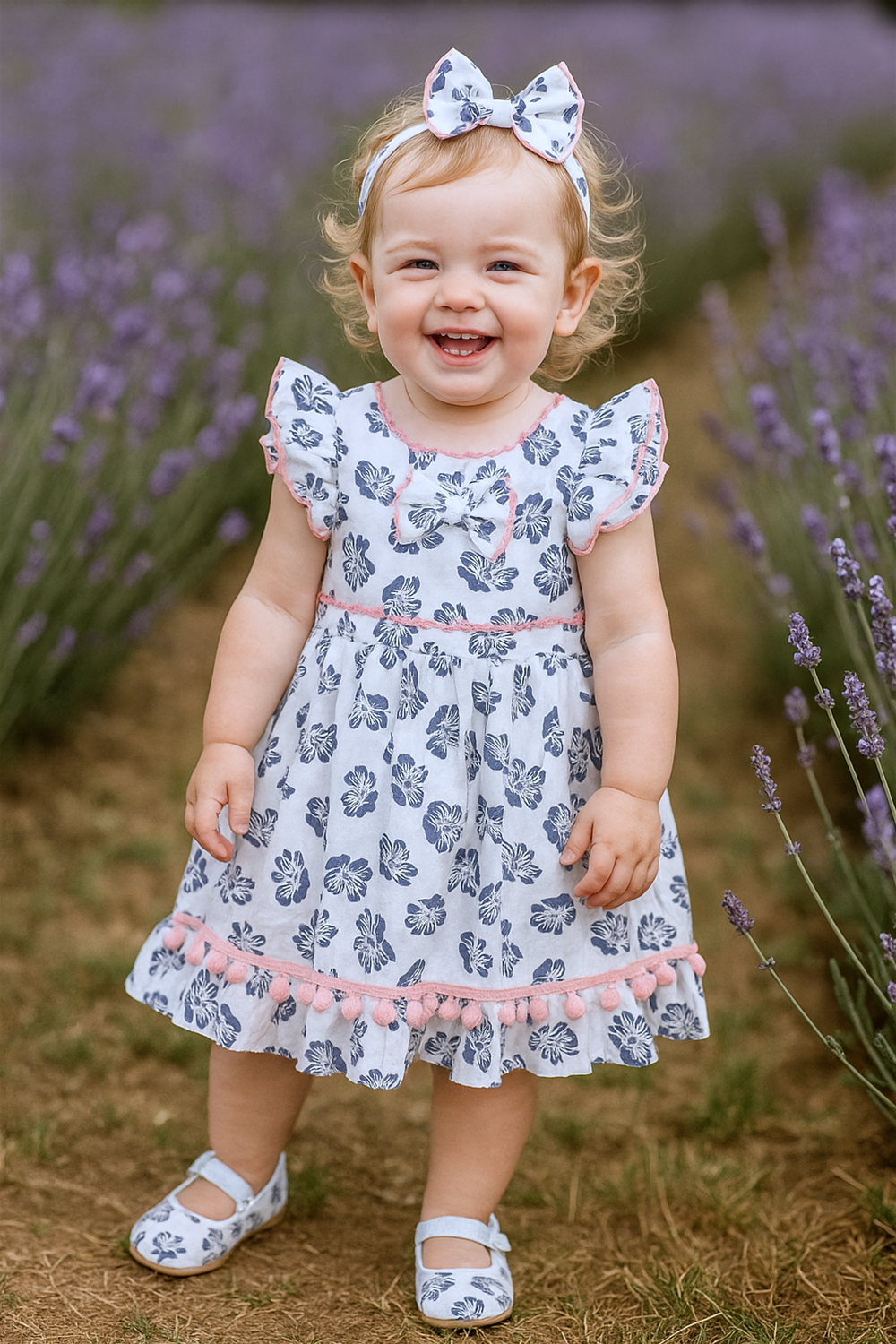 A joyful baby girl stands in a blooming lavender field wearing a white dress with navy floral prints, pink pom-pom lace, and matching shoes and headband. Her cheerful expression and flutter sleeves add charm to this playful outdoor scene.