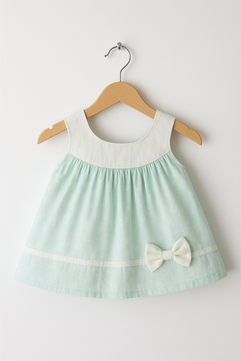 Sleeveless mint-green frock with white yoke, pleated design, waistline bow detail, displayed neatly on a wooden hanger against white wall