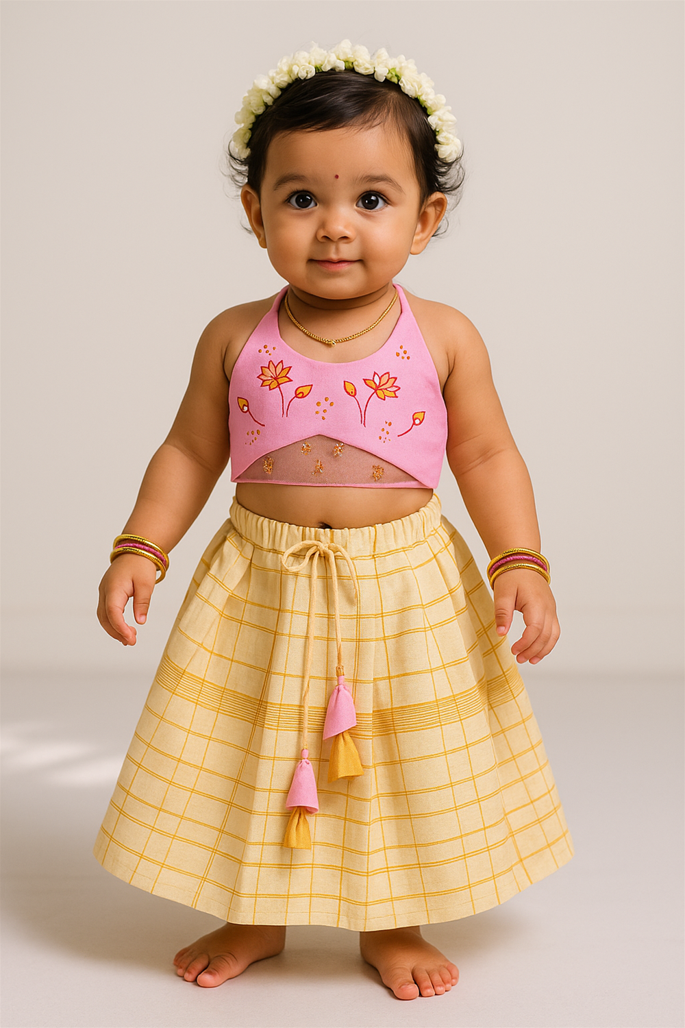 A baby girl wearing pink floral embroidered halter top and yellow skirt smiles sweetly, accessorized with bangles and jasmine garland.
