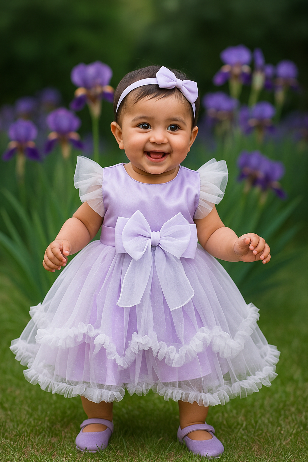 Lavender baby dress with white layered tulle and oversized bow, displayed on a wooden mannequin against white background.