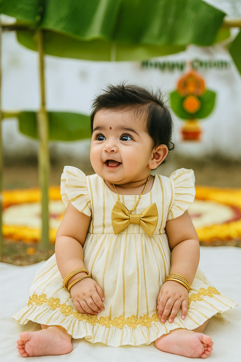 Smiling baby girl in cream-yellow striped dress with golden bow, accessorized with bangles, sitting outdoors against Onam-themed background with banana leaves.