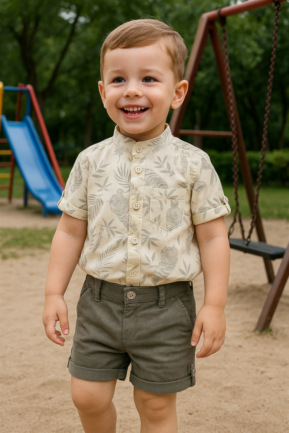 Happy toddler wearing beige printed shirt with olive shorts, standing in playground with swings and slide in background.