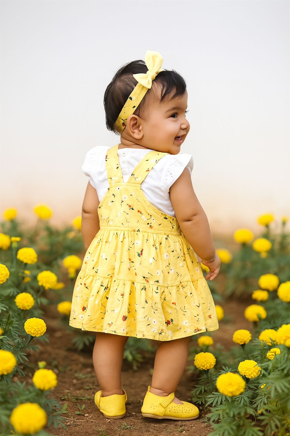 A smiling baby girl faces away, showing the back of her yellow floral dungaree dress with crisscross straps, paired with a white puff-sleeve top. She stands playfully in a blooming marigold field, wearing matching yellow shoes and a bow headband.
