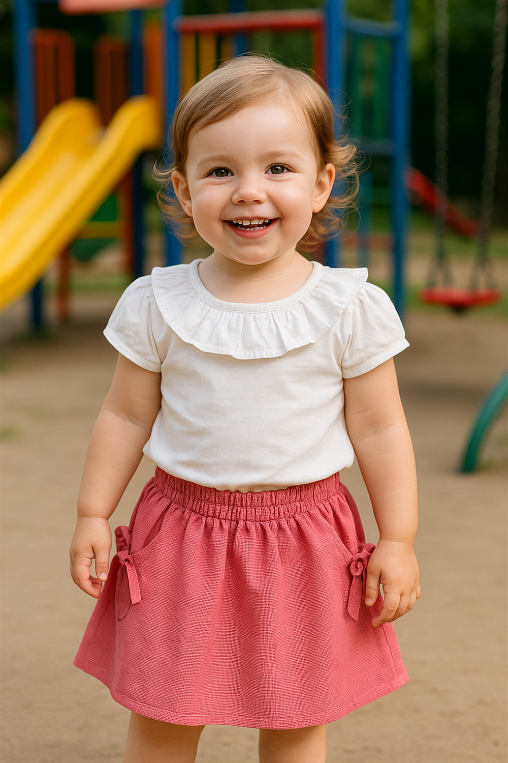 Happy toddler wearing white ruffled top and pink skirt with bows, standing outdoors in playground with slides and swings visible.
